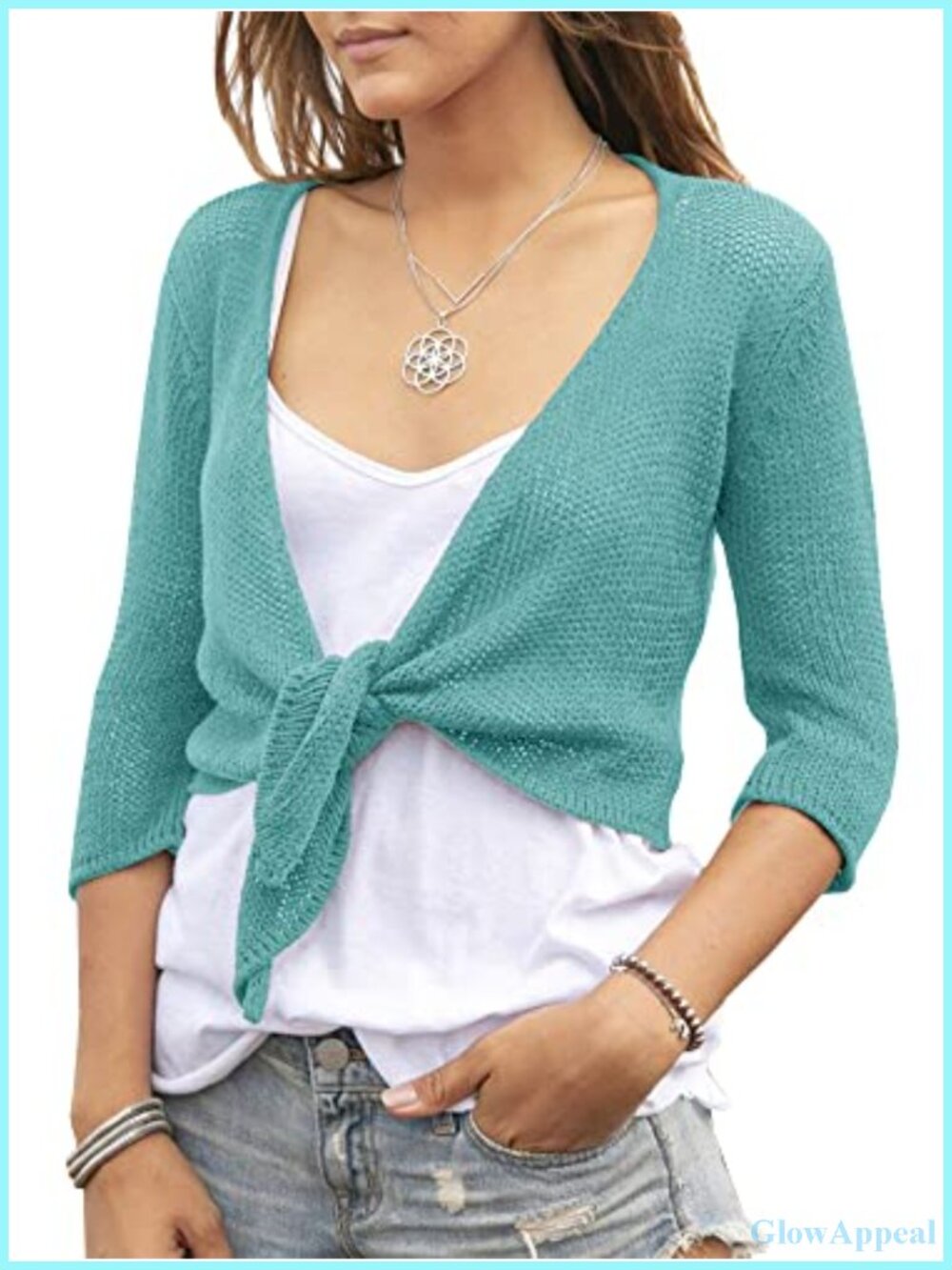 Women's Sheer Knit Tie Front Shrug 3/4 Sleeve Bolero Cardigan